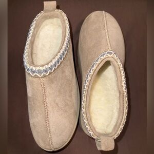 Sand Faux Suede Round Toe Slip On Stitched Flats